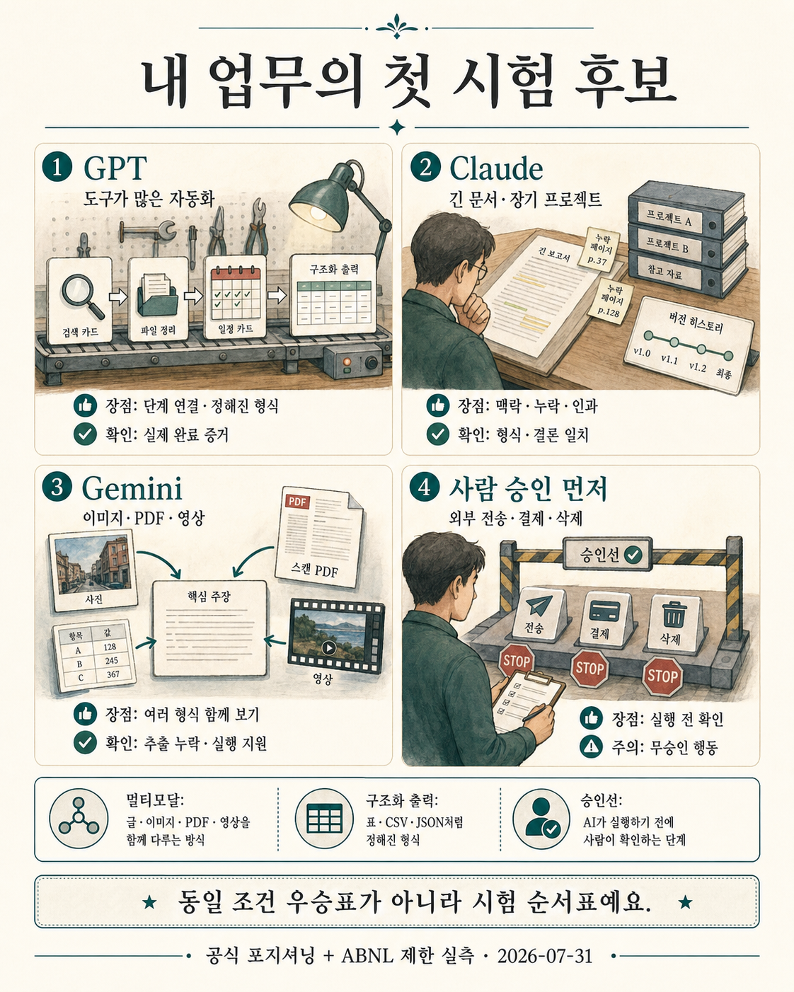 업무 조건별 GPT·Claude·Gemini 첫 시험 후보 비교
