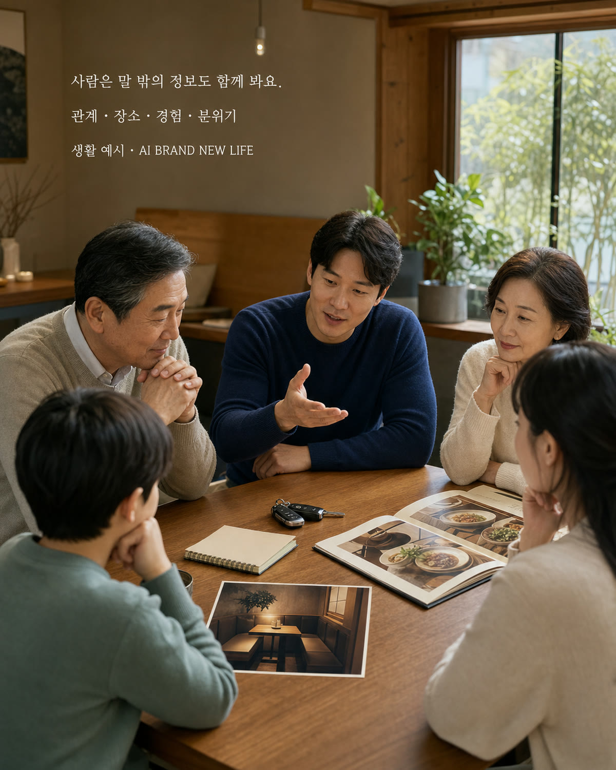 가족이 관계 장소 경험 분위기를 함께 보며 대화하는 장면