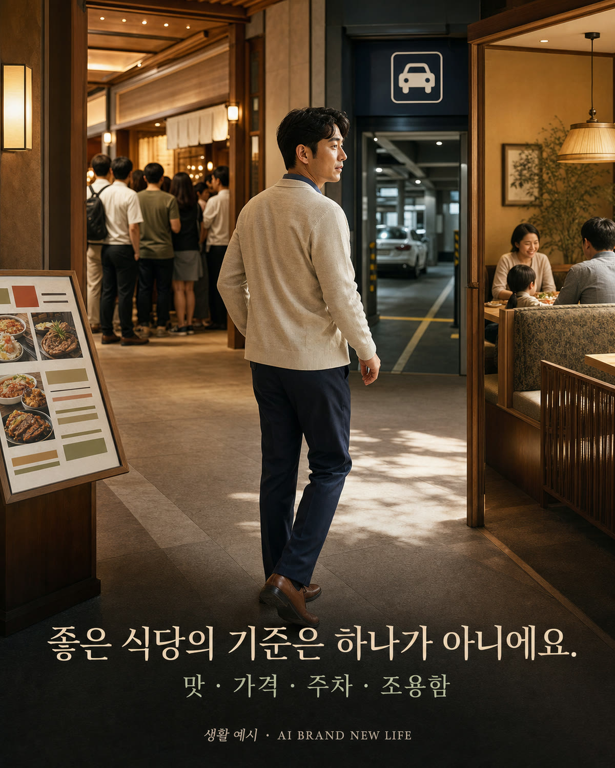 맛 가격 주차 조용함 사이에서 식당을 선택하는 장면