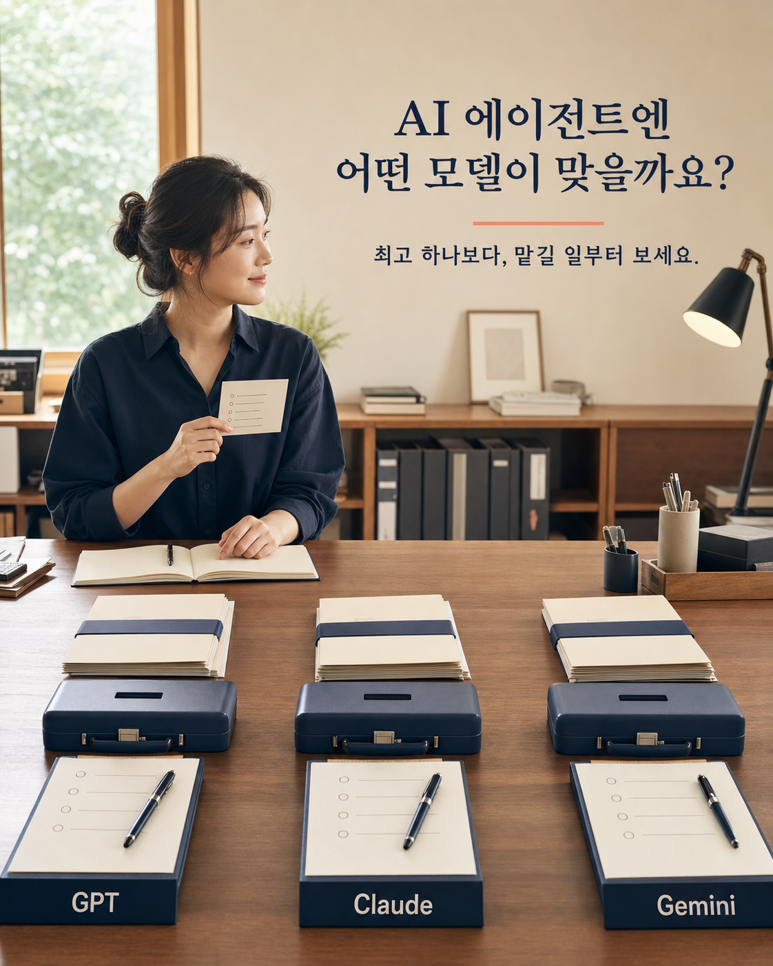 GPT·Claude·Gemini 세 작업 통로 앞에서 맡길 일을 고르는 장면
