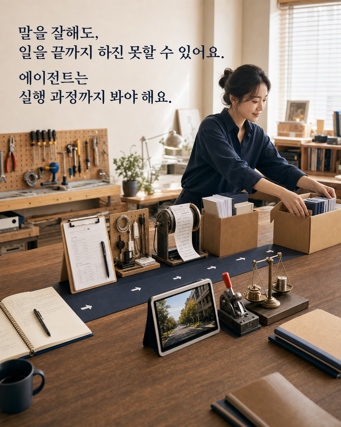매끄러운 답변과 실제 작업 완료 과정을 비교하는 장면