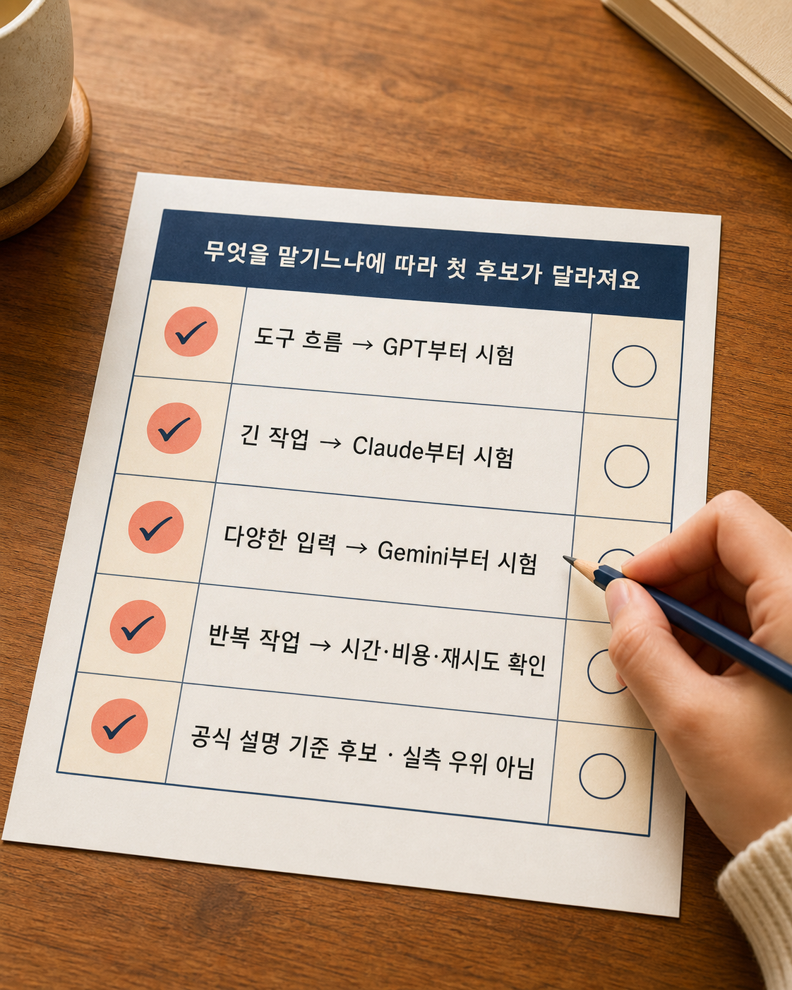 업무 유형별 첫 시험 후보를 정리한 선택표