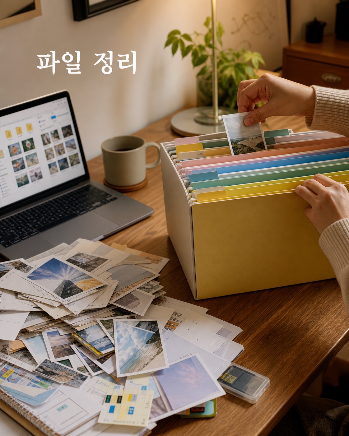 사진과 문서를 날짜와 주제로 정리하는 장면