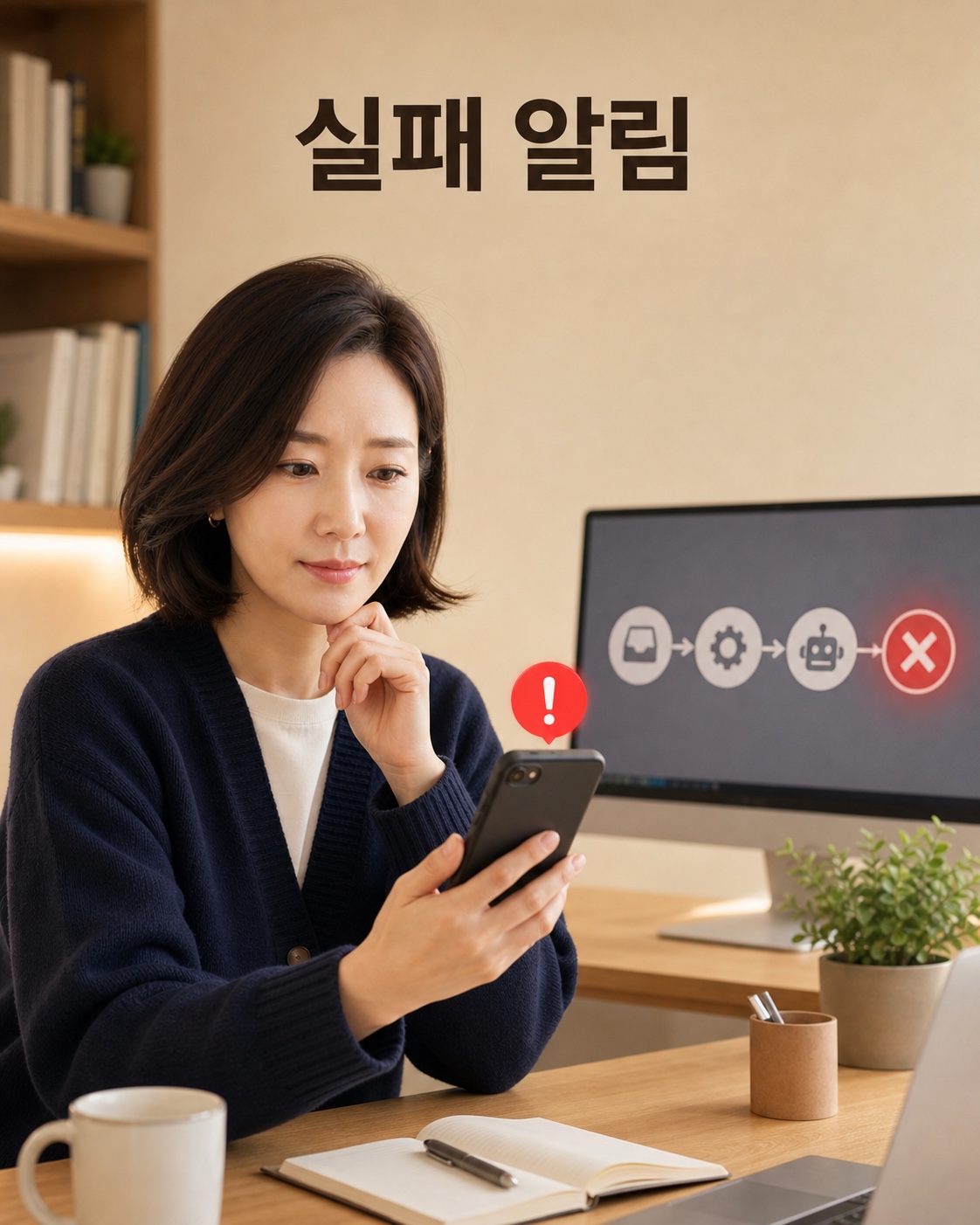 자동화 실패를 휴대전화 알림으로 확인하는 장면