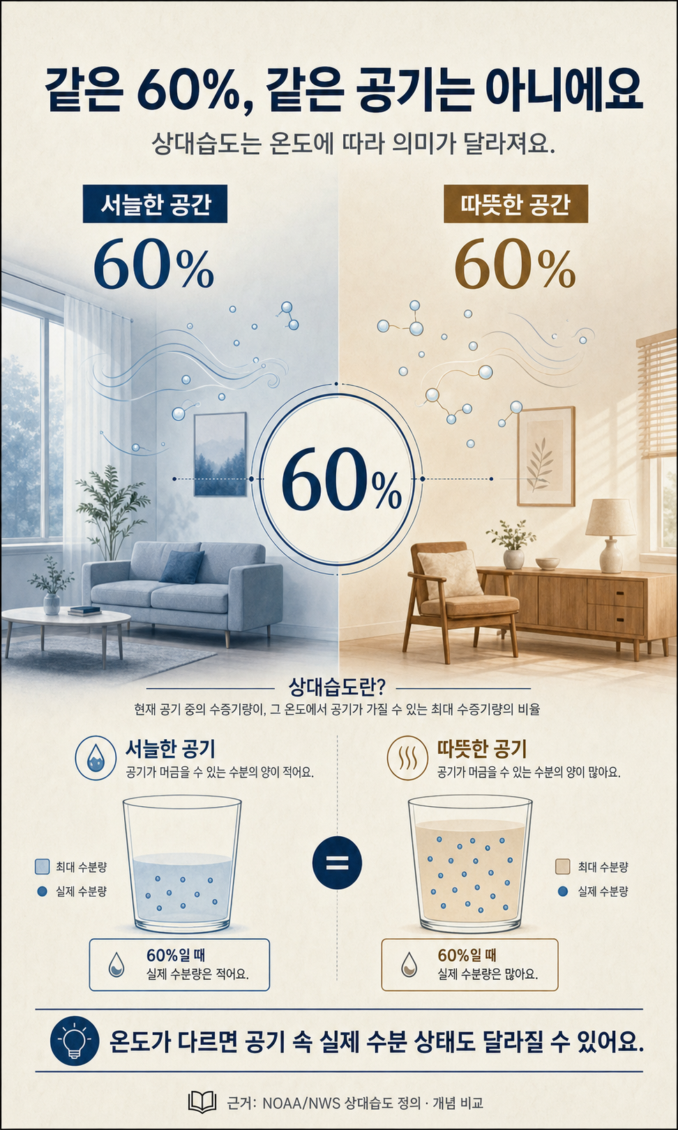 서늘한 공간과 따뜻한 공간의 상대습도 60% 비교