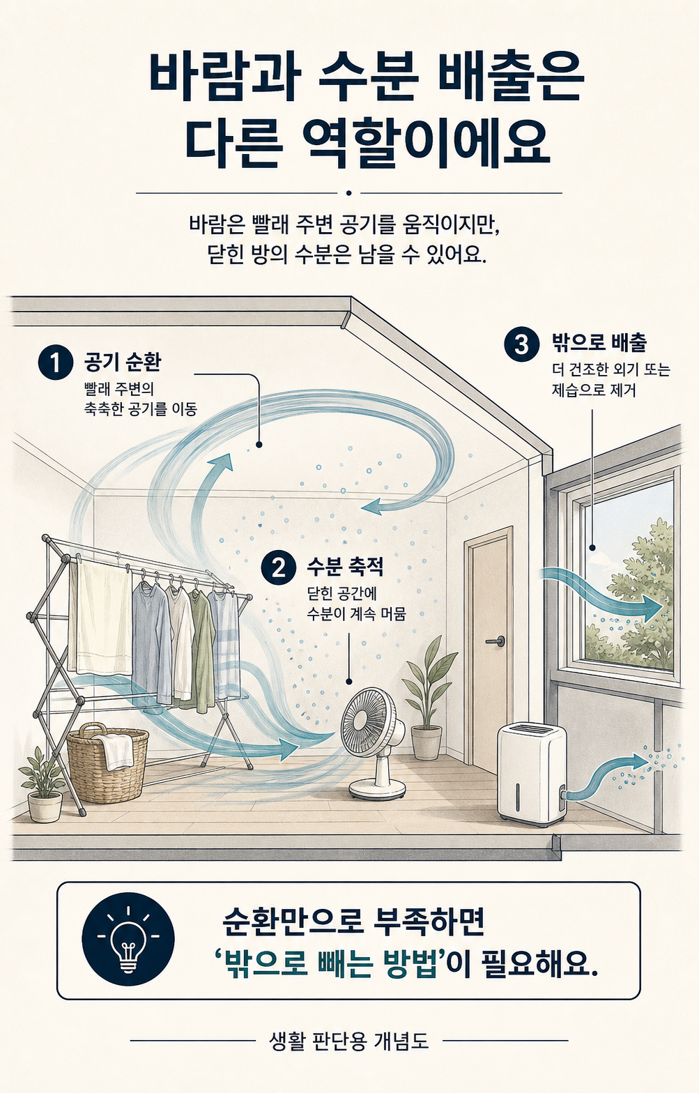 빨래 주변 공기 순환과 실내 수분 배출의 차이