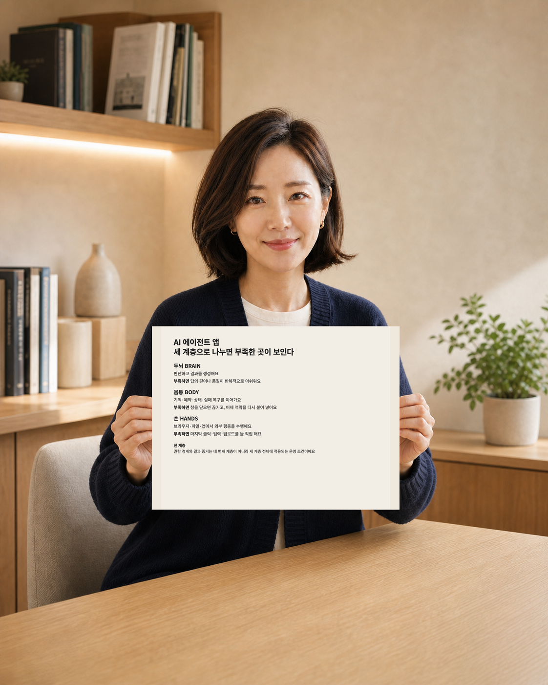 같은 원문을 단일 서체로 단순 나열한 기본 텍스트 카드를 든 장면
