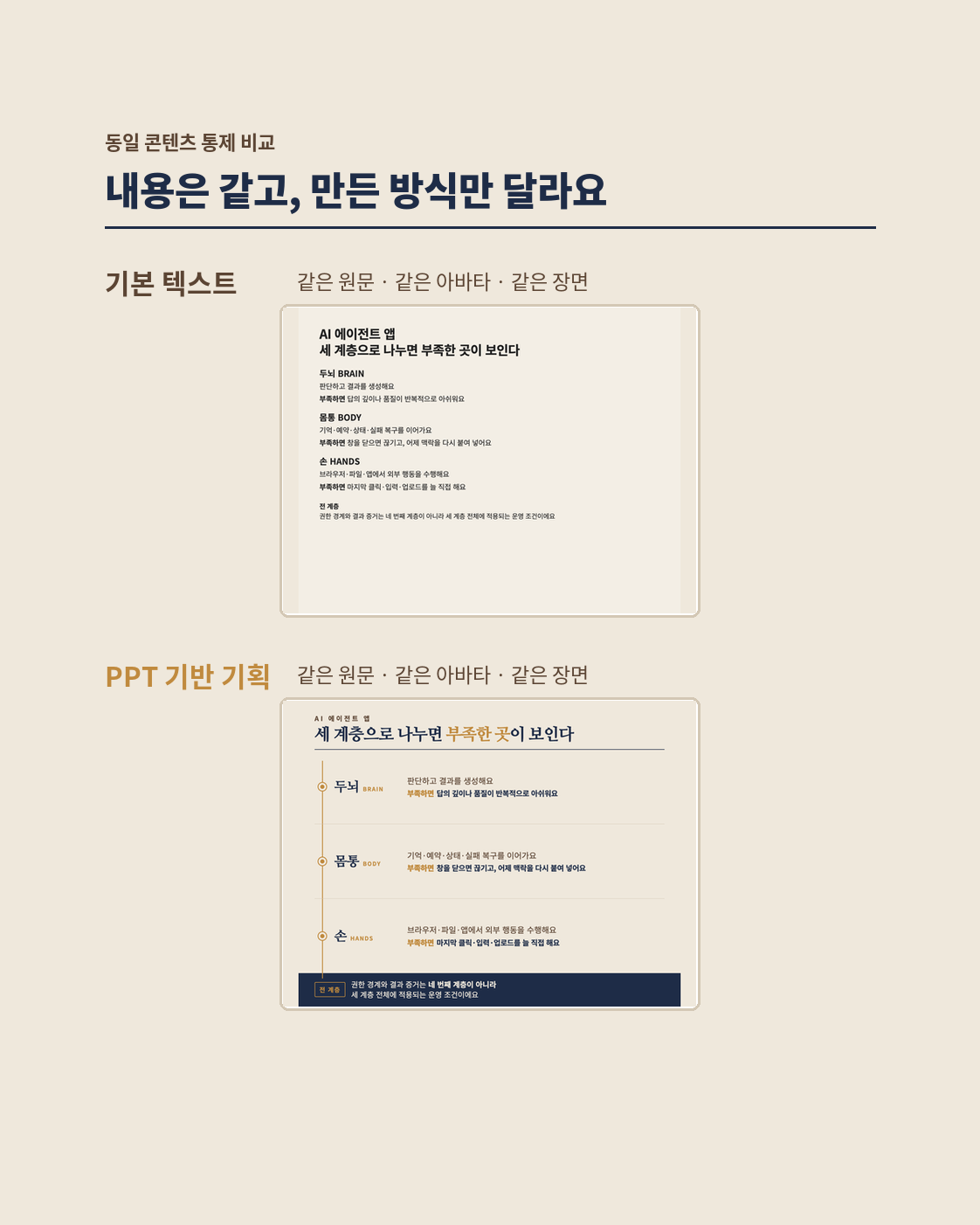 두 카드의 같은 면을 확대해 정보 위계와 시선 흐름을 대조한 이미지