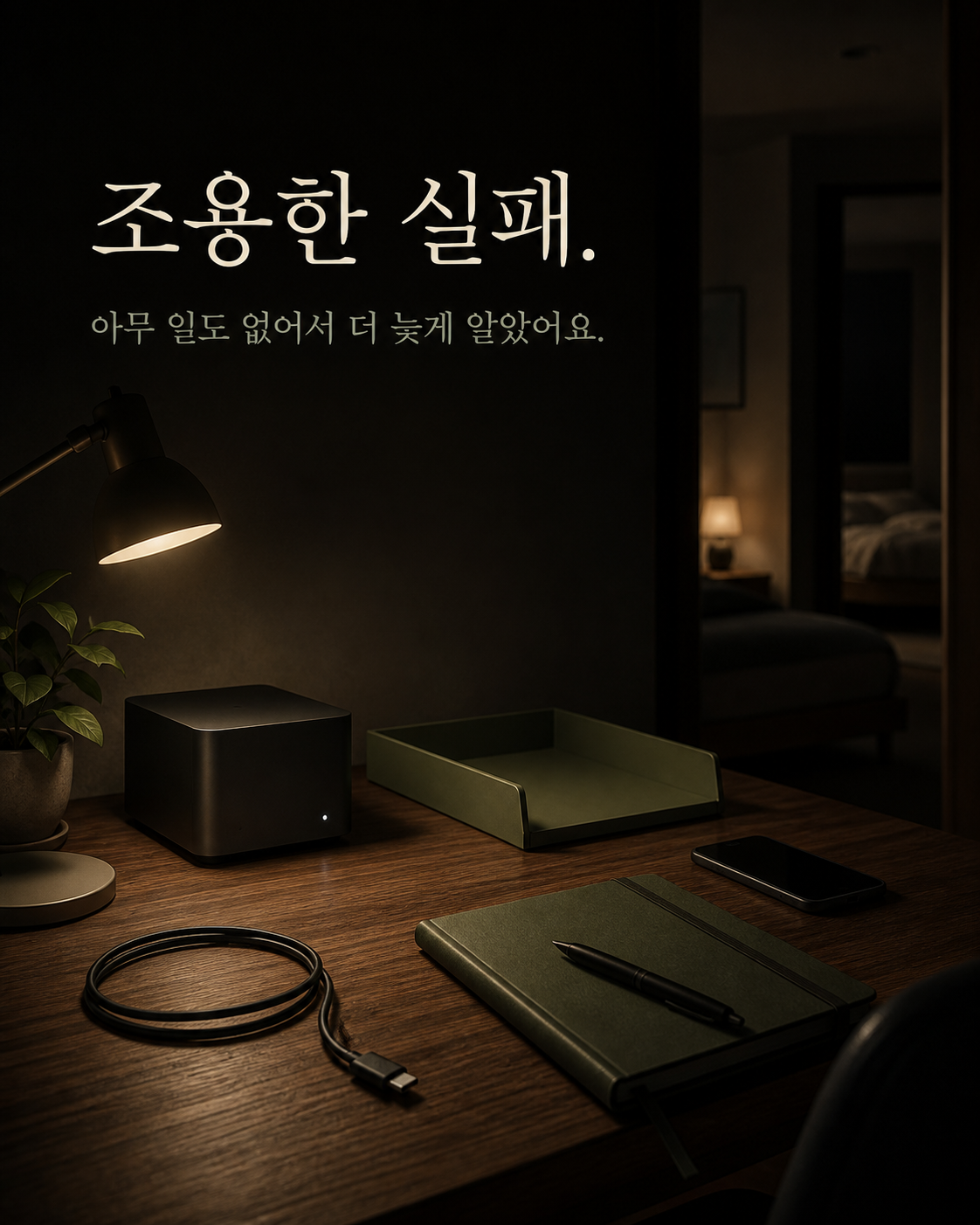 어두운 밤 홈오피스 책상 위에 작은 상시 가동 기기의 표시등만 켜져 있고, 조용한 실패라는 제목이 얹힌 장면