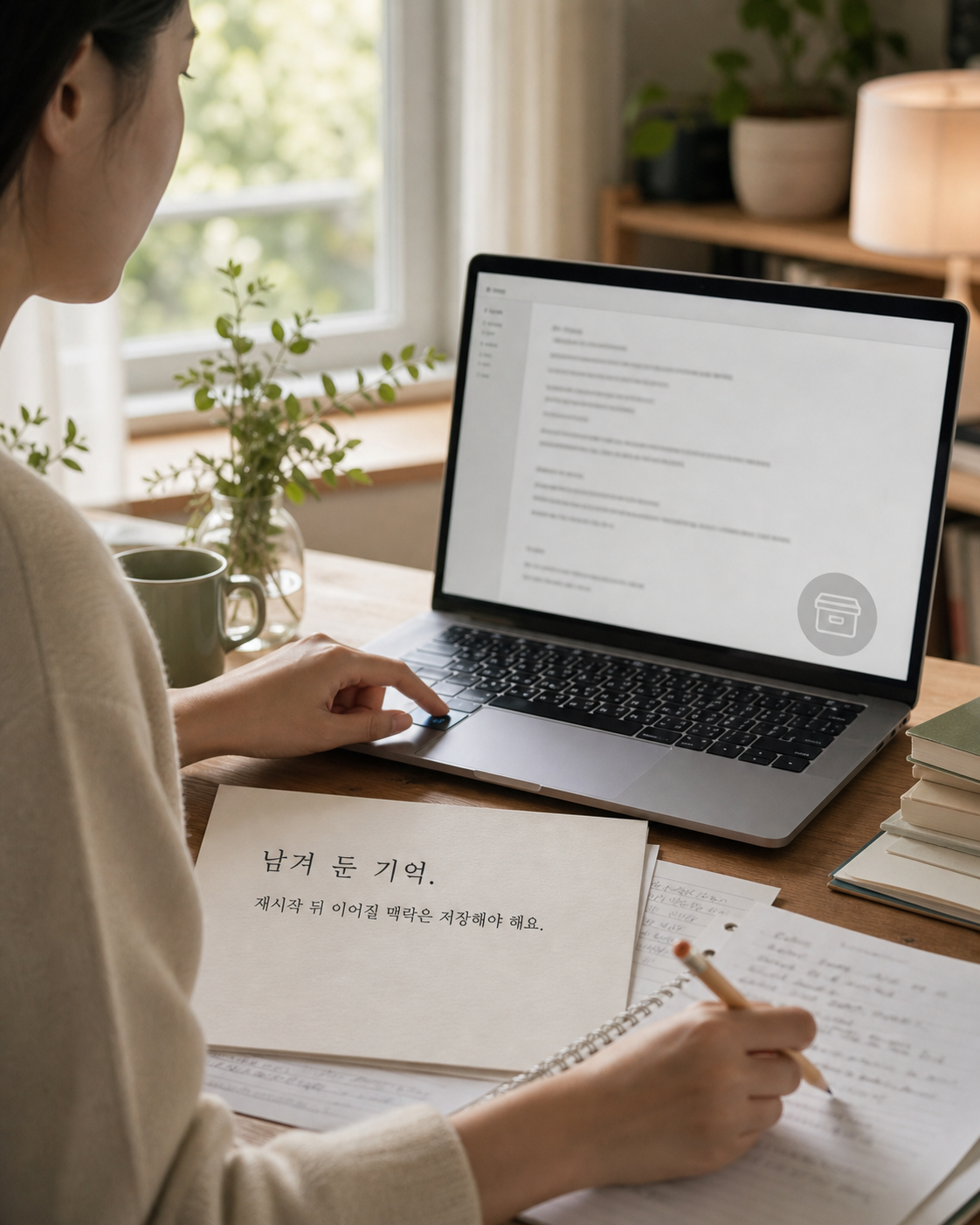 창가 책상에서 사람이 손으로 메모를 적으며 저장해 둔 기억 문서를 남기는 장면