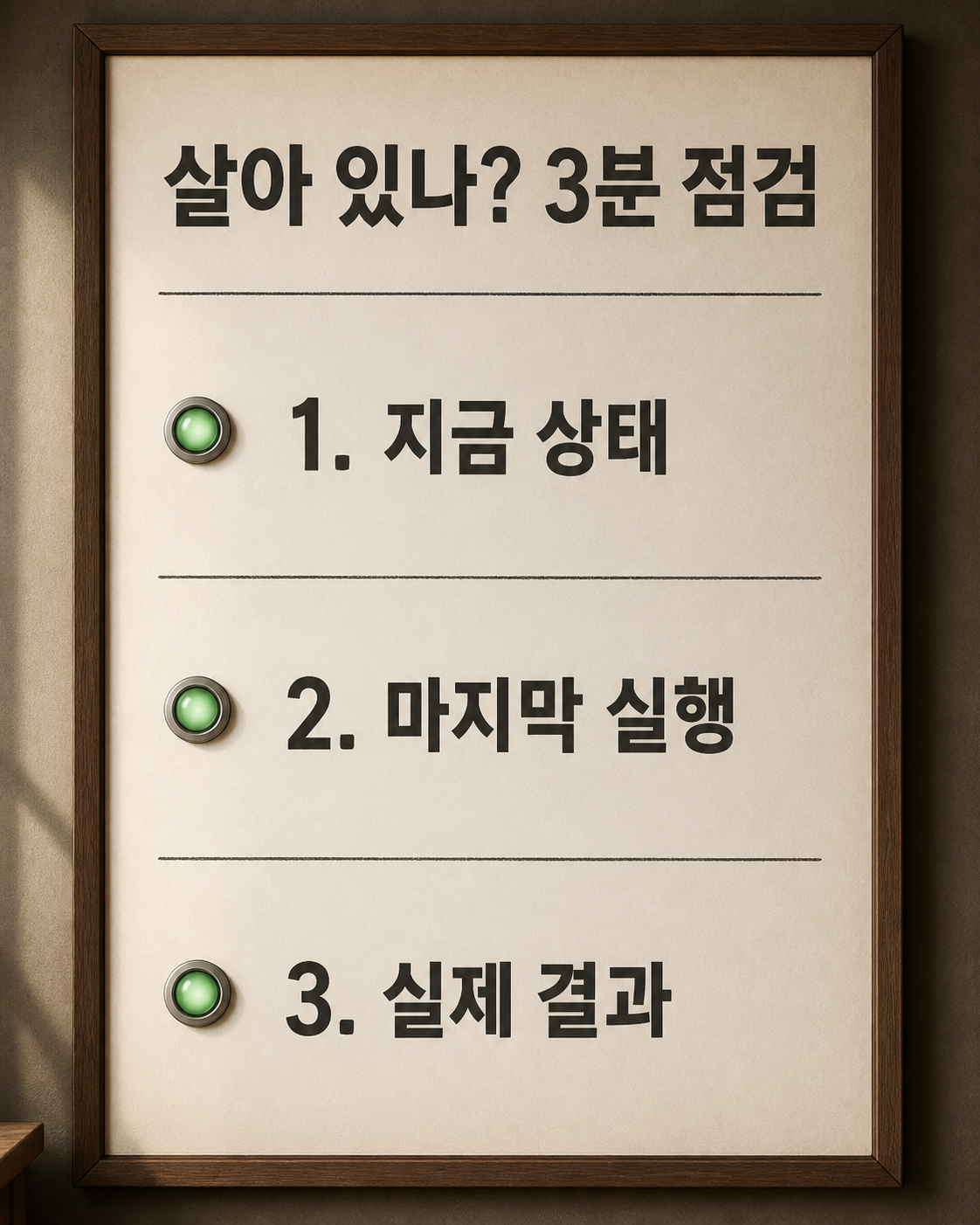 살아 있나? 3분 점검이라고 적힌 나무 액자 체크보드에 지금 상태, 마지막 실행, 실제 결과 세 항목이 표시등과 함께 적힌 장면