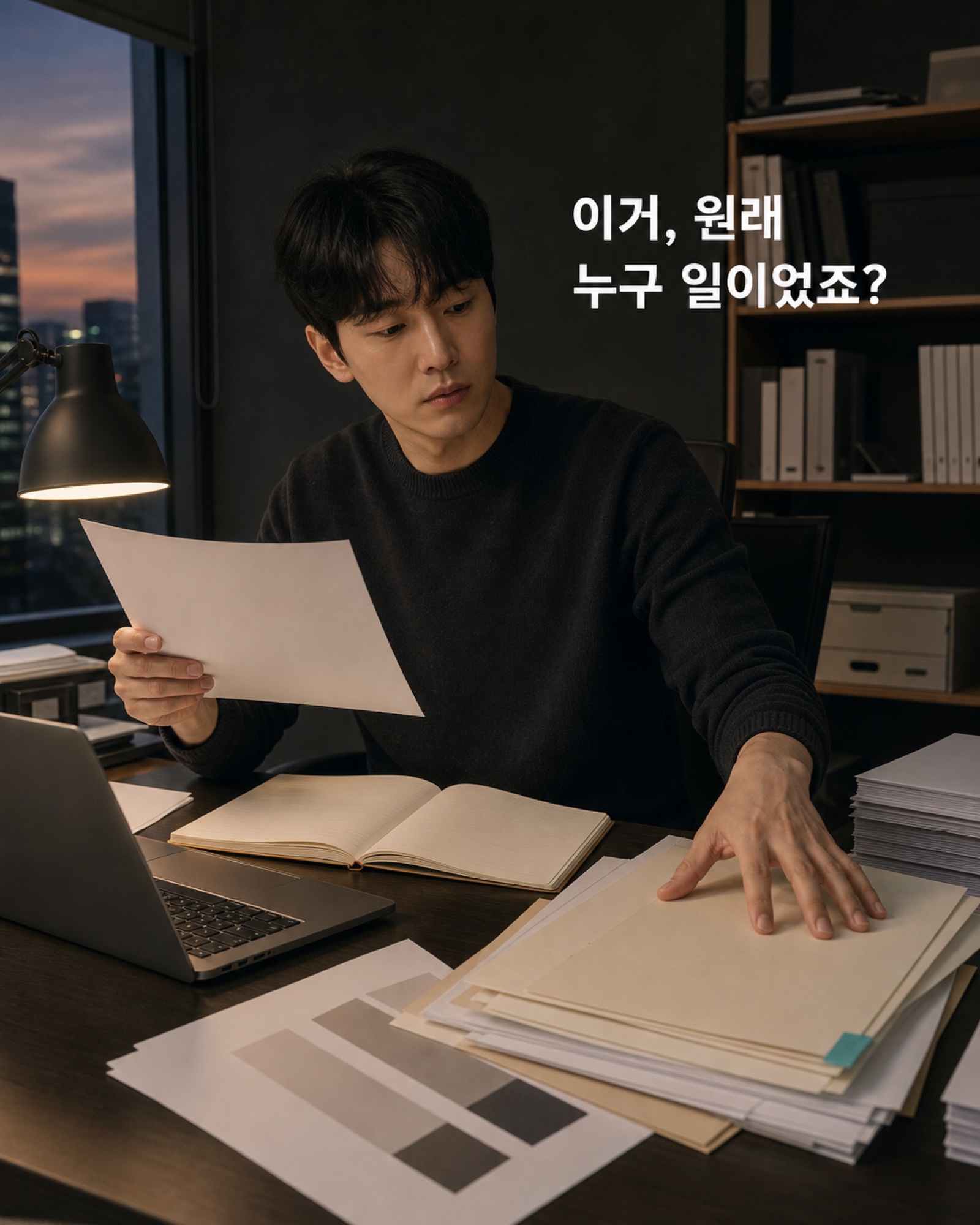 직무기술서 밖의 문서가 책상에 놓여 누구의 일인지 묻는 장면