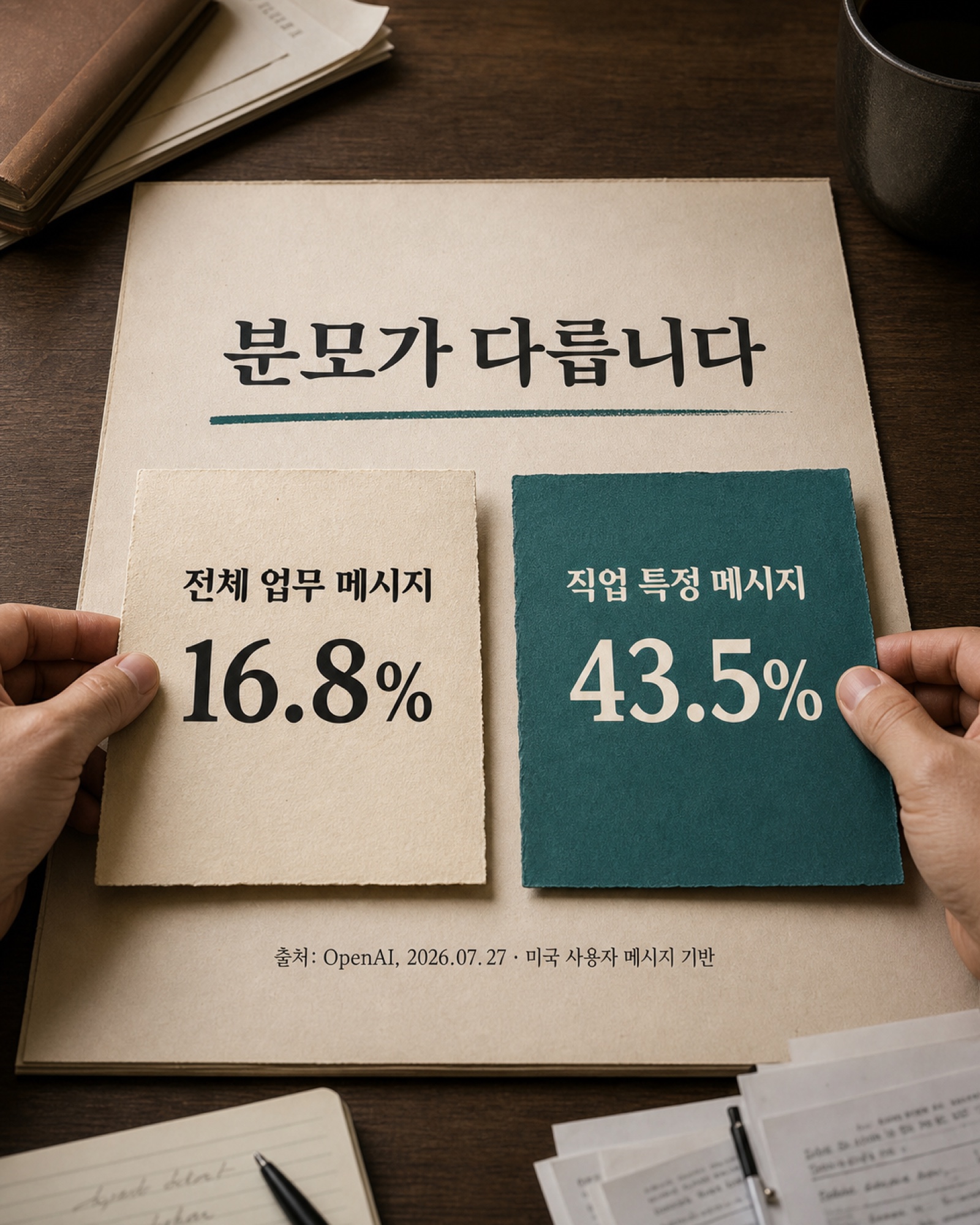 전체 업무 메시지 16.8%와 직업 특정 메시지 43.5%의 분모를 비교한 이미지