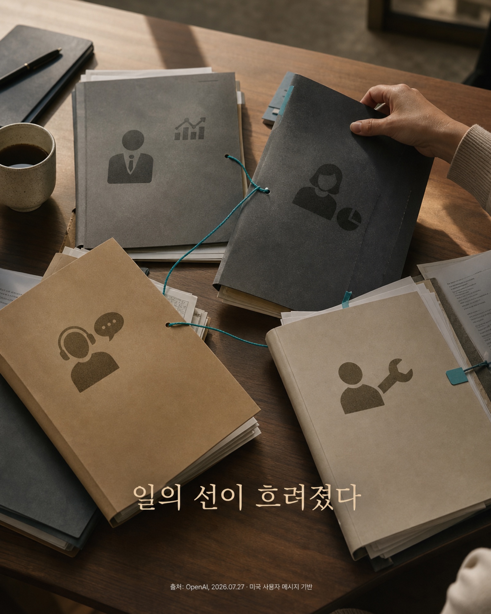 서로 다른 직무의 업무가 한 사람의 책상으로 모이는 장면