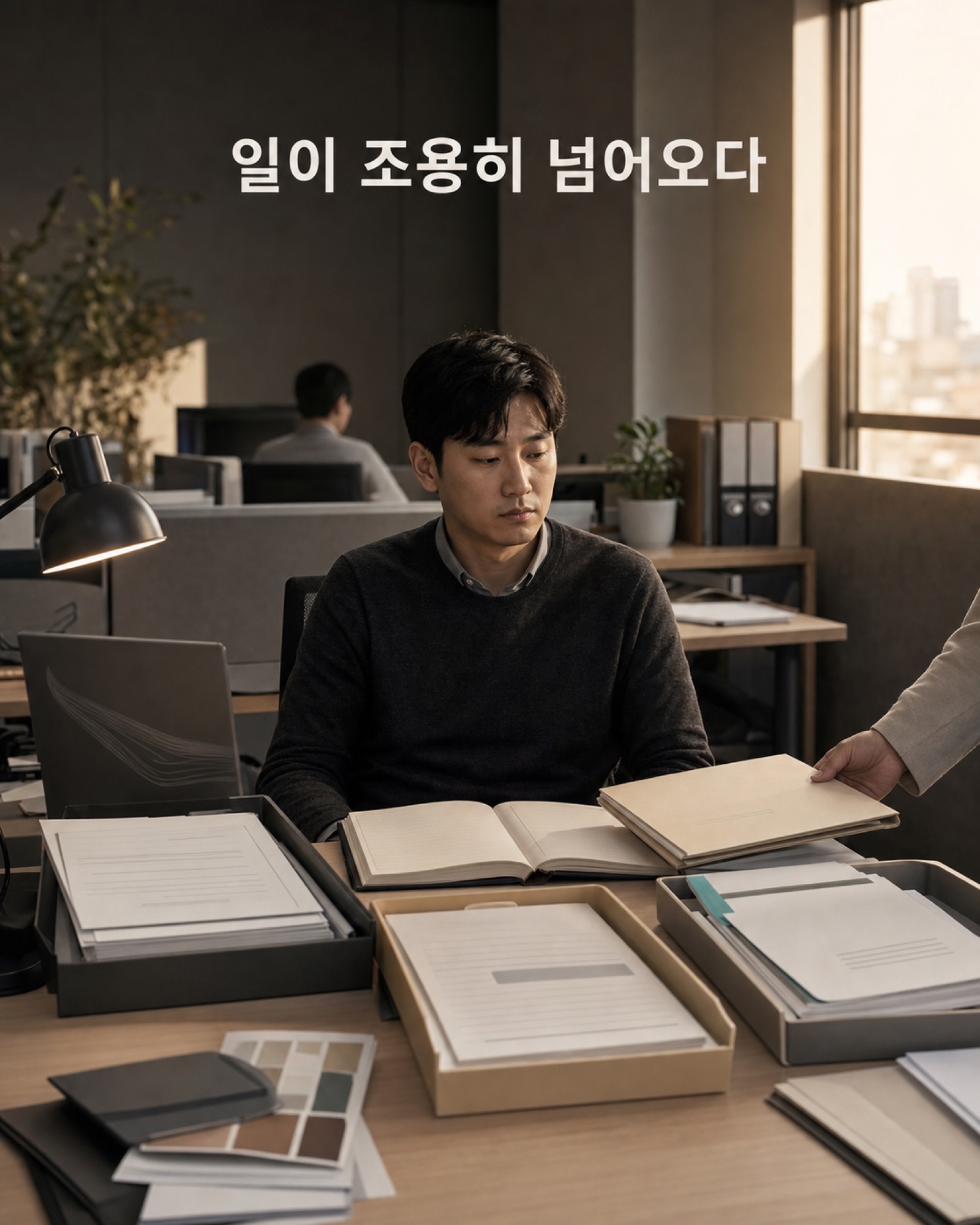 여러 부서의 문서가 한 사람의 책상에 쌓이는 장면