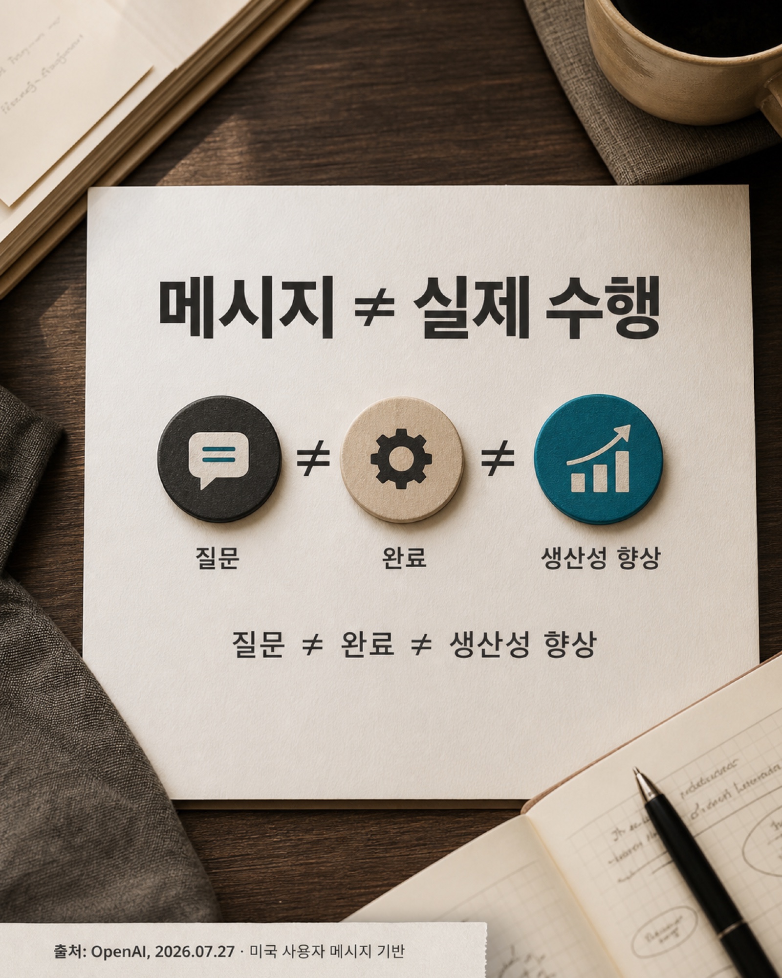 AI 메시지 기록과 실제 수행 및 생산성 향상이 같지 않음을 구분한 이미지
