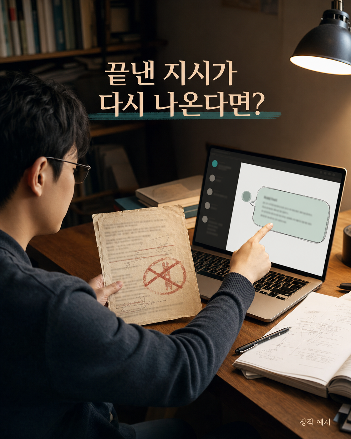 폐기한 옛 지시와 화면에 다시 나타난 말풍선을 대조하는 장면