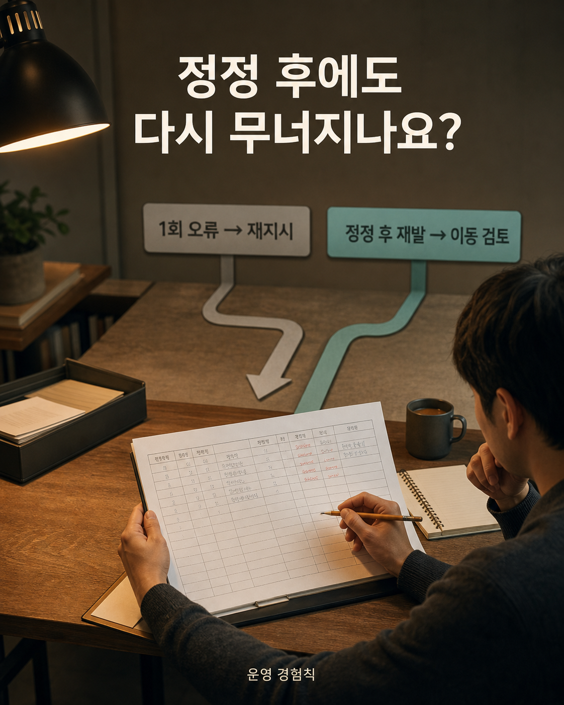 한 번 재지시할지 정정 후 재발하면 이동할지 기록을 보고 판단하는 장면