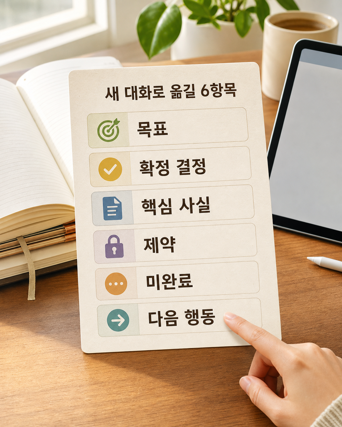 목표, 확정 결정, 핵심 사실, 제약, 미완료, 다음 행동이 적힌 6항목 인계 카드