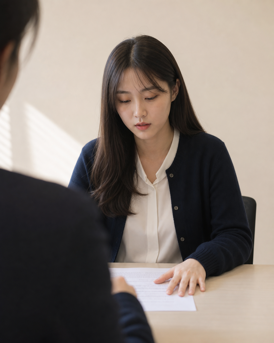 면접 자리에서 앞에 놓인 인쇄물로 눈을 내리깐 채 말이 끊긴 이십 대 초반 지원자와 흐릿하게 보이는 면접관의 어깨