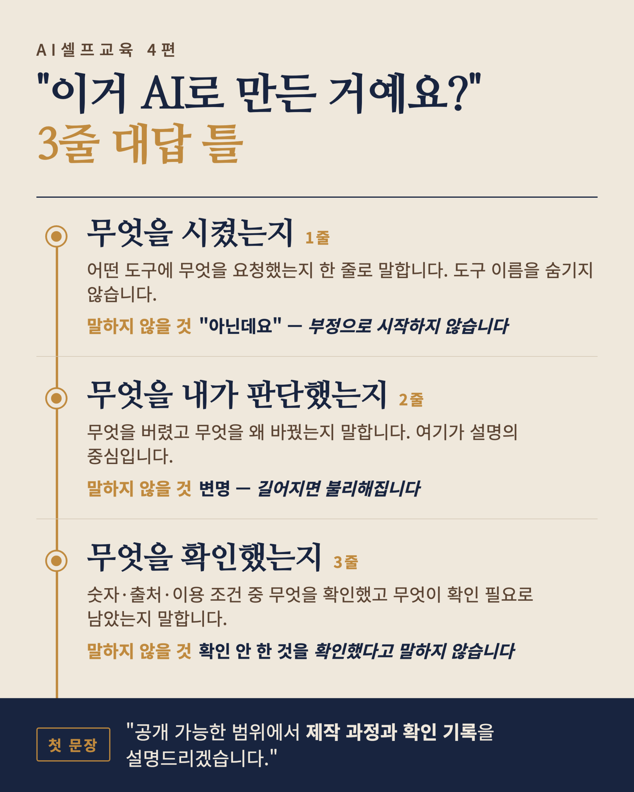 이거 AI로 만든 거예요 라는 질문에 답하는 3줄 대답 틀을 정리한 카드