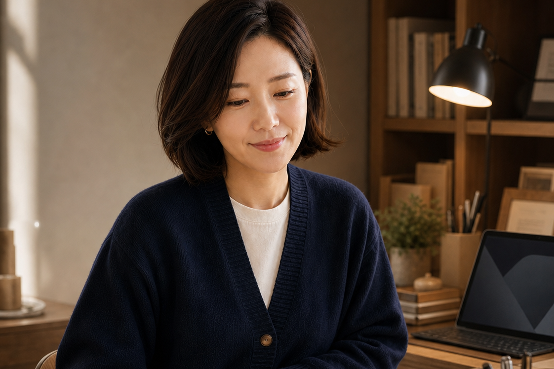 책상 위에 산출물과 손으로 적은 작업 기록을 나란히 놓고 차분히 확인하는 사람