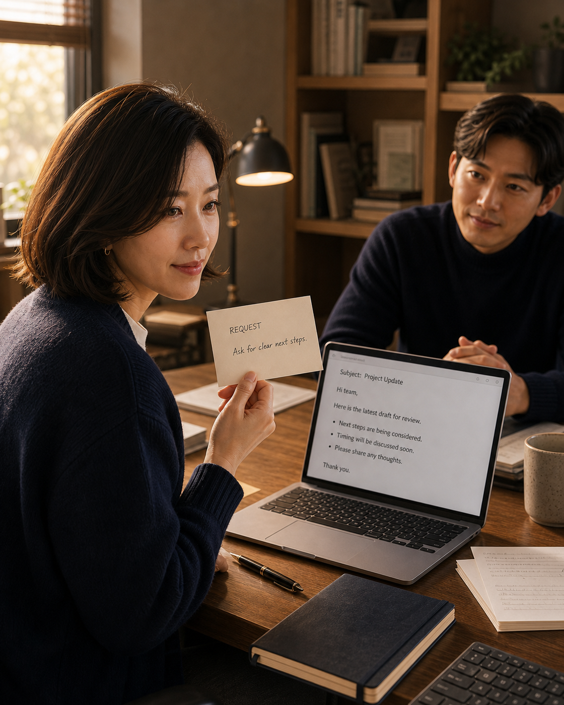 노트북의 매끄러운 이메일 초안과 책상 위 요청 메모의 짧은 한 줄을 번갈아 보는 실무자