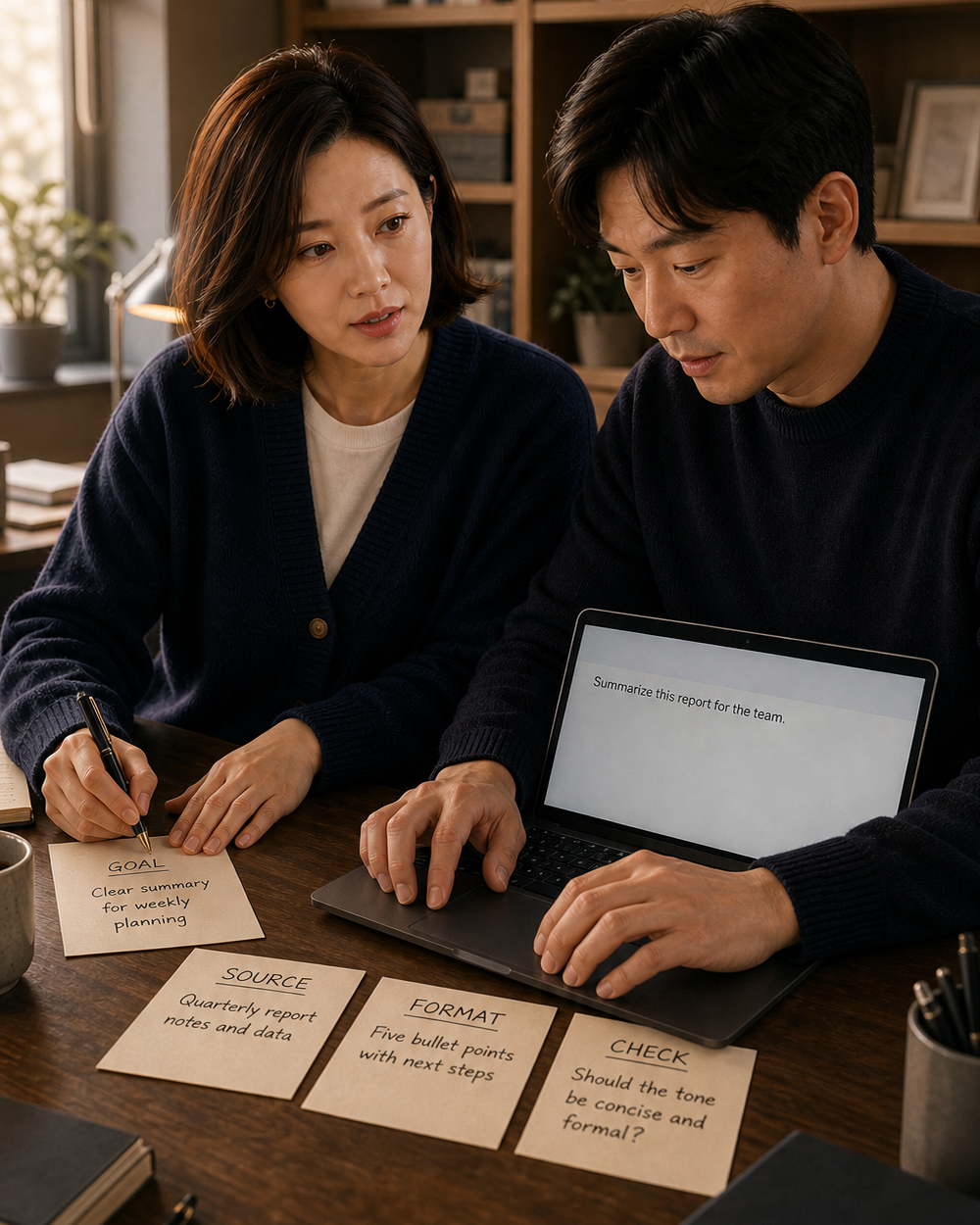 동료가 키보드를 당겨 자기 질문을 합격선 칸에 입력하고 실무자가 나머지 세 칸을 채우는 장면