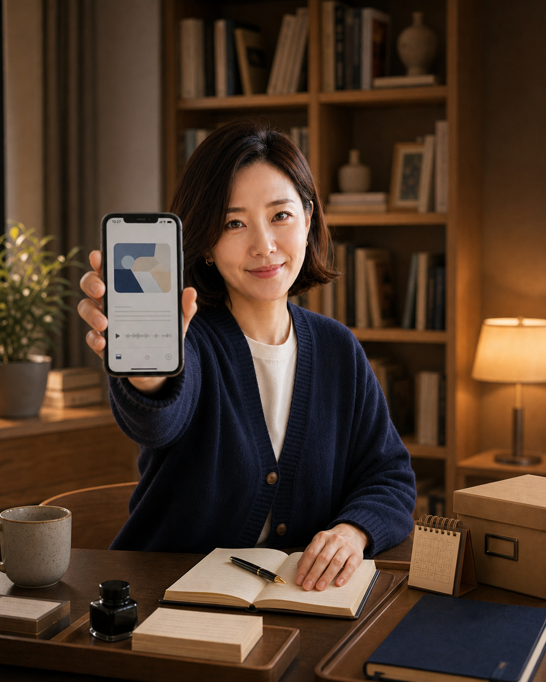 다음 날 저녁 정돈된 책상 앞에서 휴대폰 화면을 앞으로 내밀어 보여주며 설명하는 사람