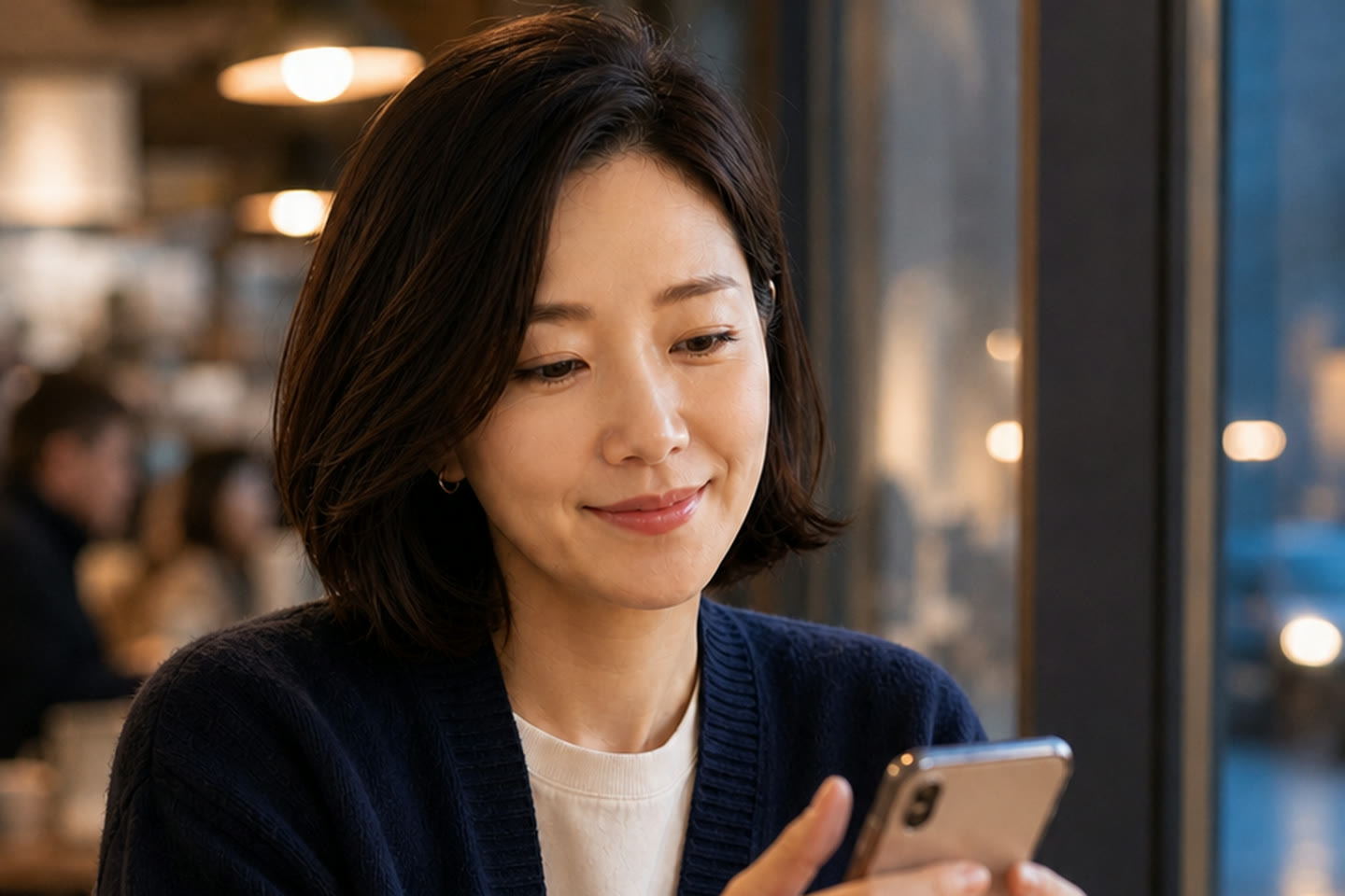 카페 창가에서 휴대폰으로 법령을 확인하는 여성