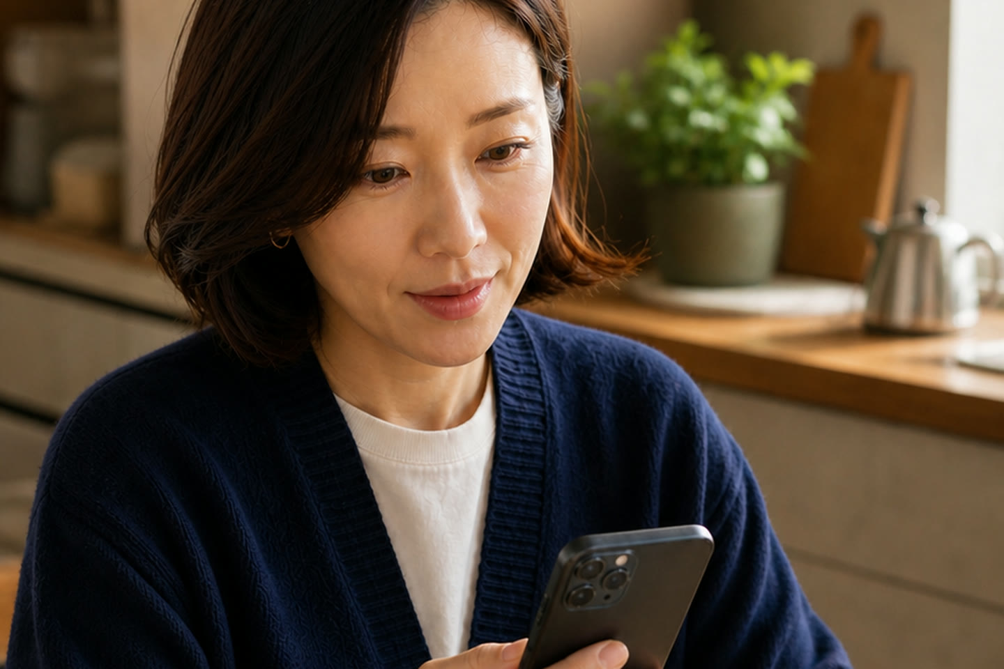 같은 식탁에 다시 앉아 차분히 휴대폰을 보는 여성